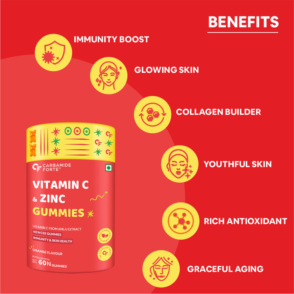 Carbamide Forte Vitamin C Gummies with Zinc for Men, Women & Kids | Natural Immunity Booster, Antioxidant, Heart, Hair, Skin & Collagen Builder – 60 Veg Gummies