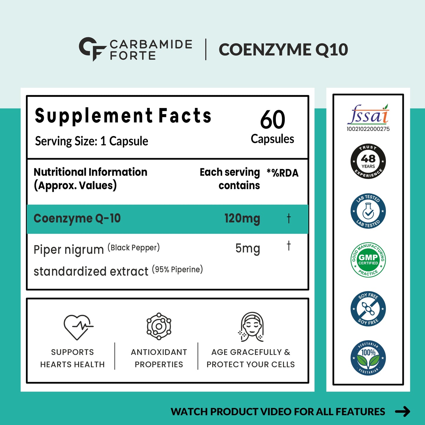 Carbamide Forte Coenzyme Q10 (Coq10 Supplement) 120Mg Supplement With Piperine 5Mg | Coq 10 120Mg Supports Heart Health & Cellular Energy 60 Capsules