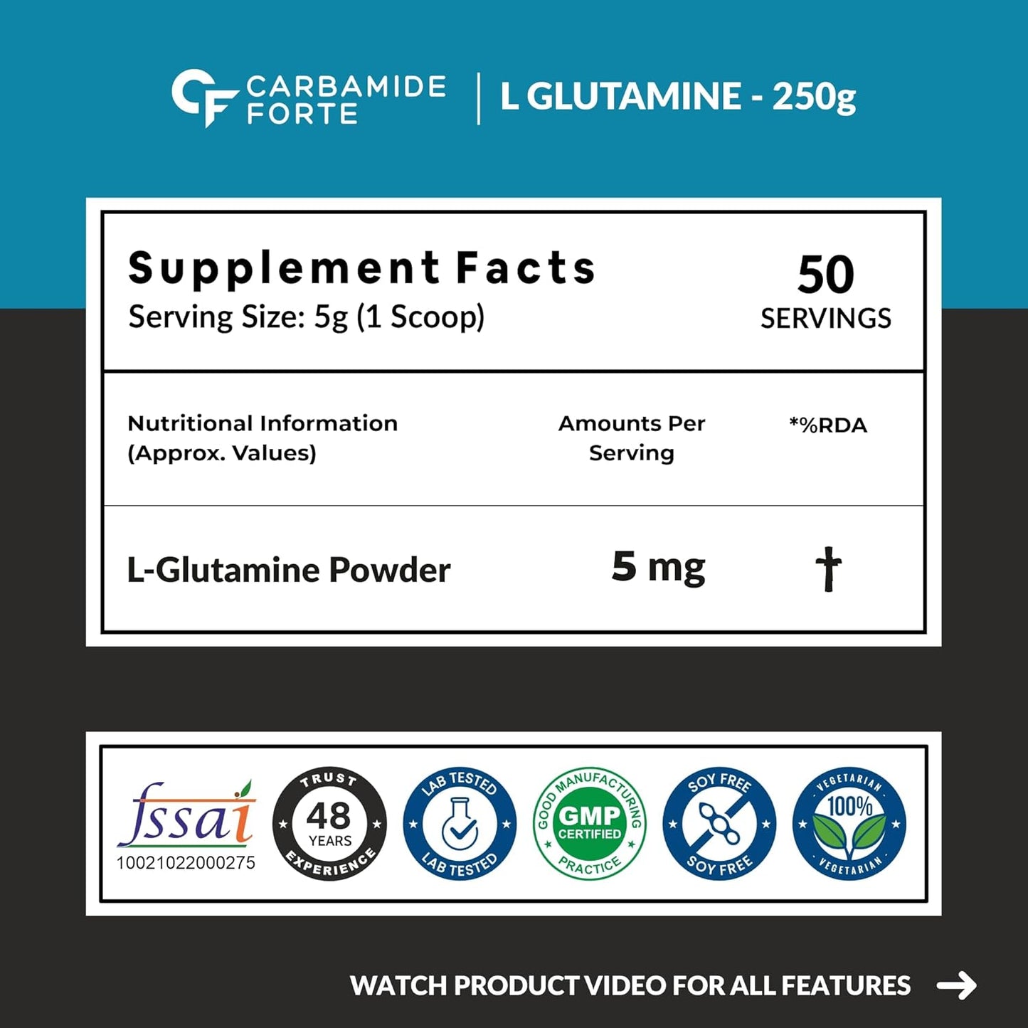 Carbamide Forte L Glutamine Powder 5000mg | L Glutamine Supplement for Men | Post Workout Muscle Recovery Supplements for Men - Unflavoured - 250 grams