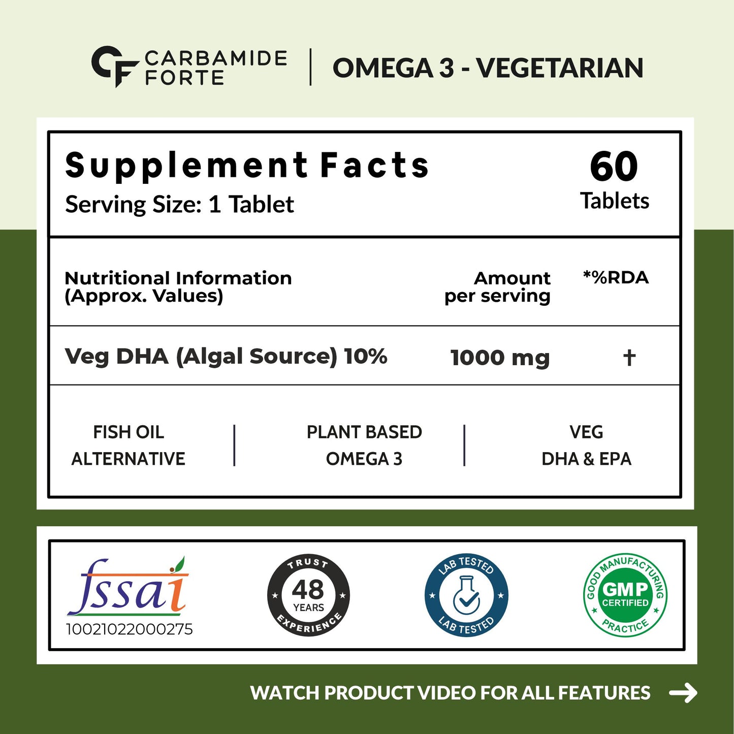 Carbamide Forte Veg Omega3 1000mg | Veg DHA | Vegetarian Omega 3 | Algal DHA | Plant Based | No Fish oil Used Capsules for Men & Women- 60 Veg Capsules