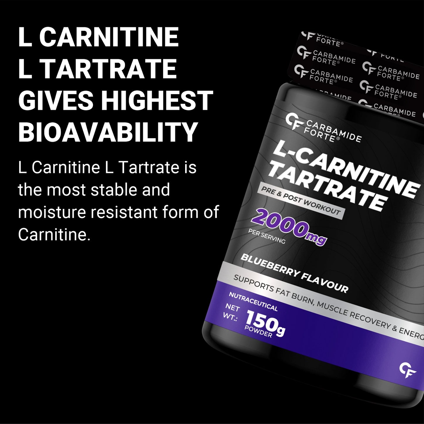Carbamide Forte L Carnitine Powder for Men & Women | L-Carnitine L Tartrate 2000mg Supplement For Women & Men | L Carnitine Powder Pre Workout, Intra Workout & Post Workout Supplement | L Carnitine Supplement Blueberry Flavour - 150g