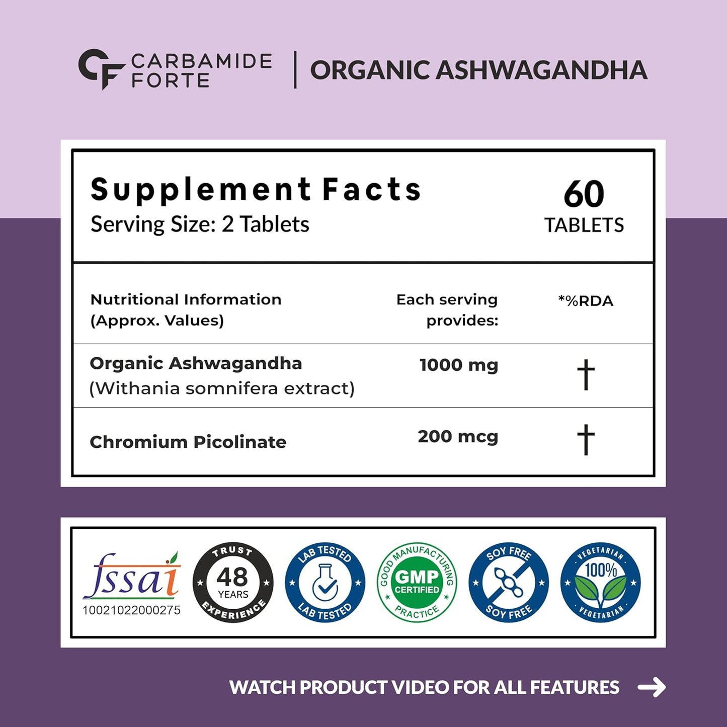 Carbamide Forte Organic Ashwagandha 1000mg Tablets|Stress & Anxiety Relief Tablets |Ashwagandha Powder tablet 1000 mg|Rejuvenates Mind & Body - 60 Organic Ashwagandha Tablets, 1 count, 60 tablets
