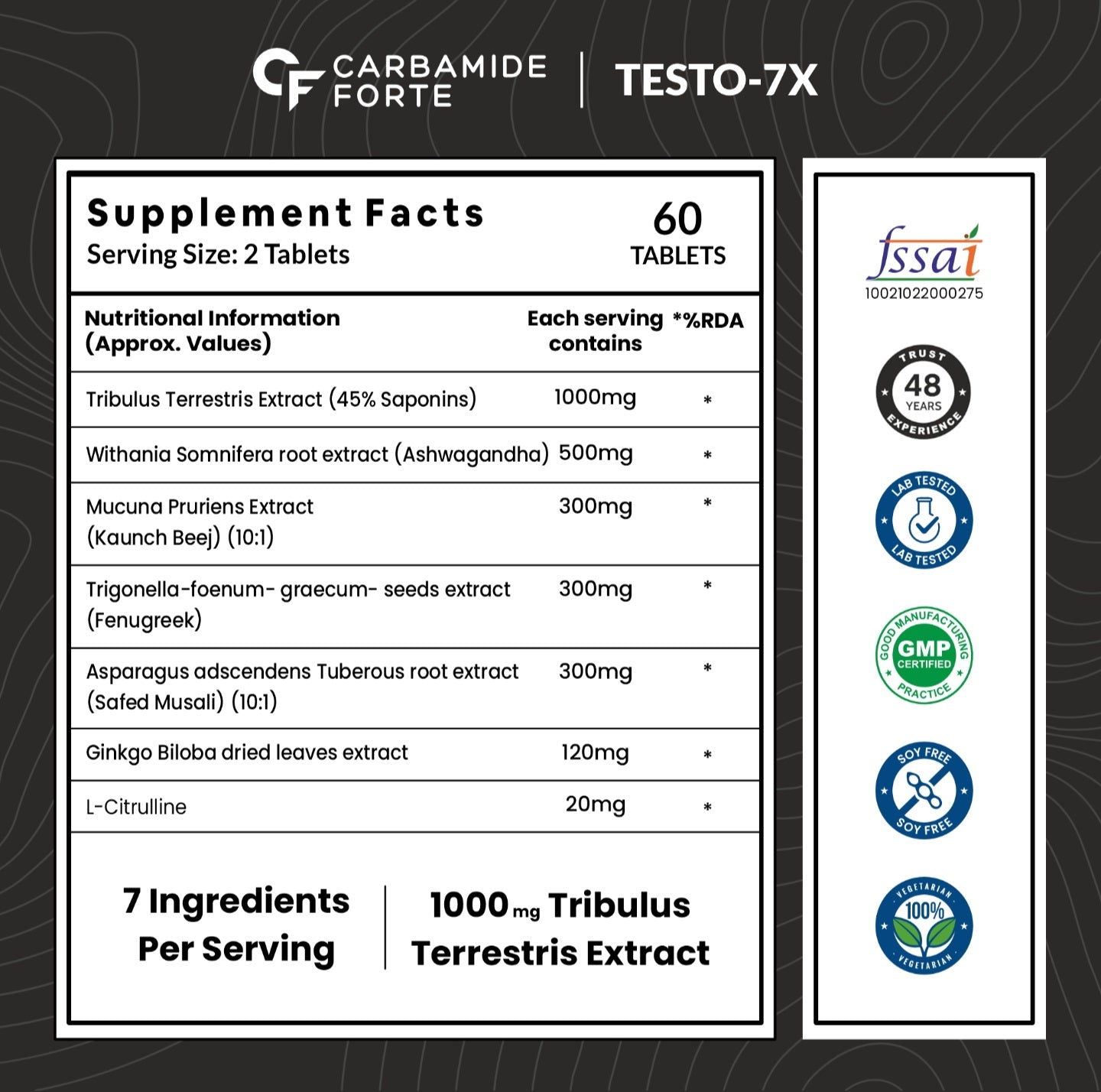 Carbamide Forte Testosterone Supplement Capsule for Men with Tribulus 1000mg, Ashwagandha, L-Citrulline & Kaunch Beej 60 Veg Tablets
