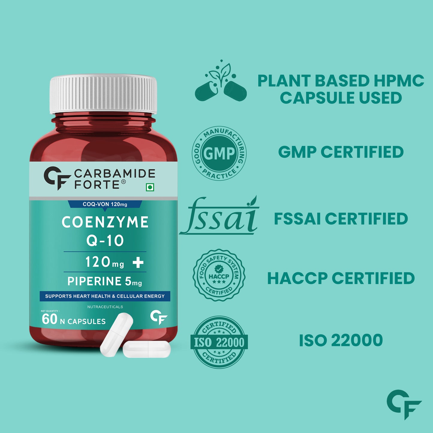 Carbamide Forte Coenzyme Q10 (Coq10 Supplement) 120Mg Supplement With Piperine 5Mg | Coq 10 120Mg Supports Heart Health & Cellular Energy 60 Capsules