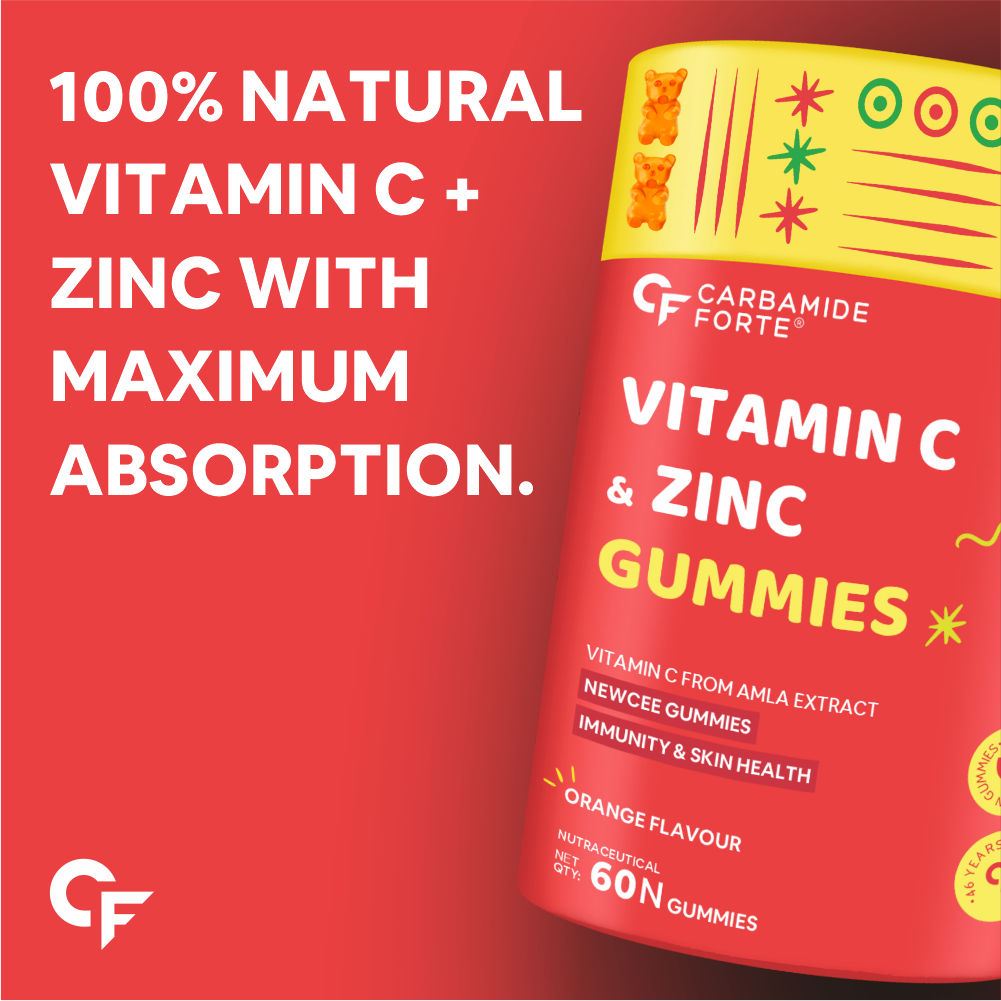 Carbamide Forte Vitamin C Gummies with Zinc for Men, Women & Kids | Natural Immunity Booster, Antioxidant, Heart, Hair, Skin & Collagen Builder – 60 Veg Gummies