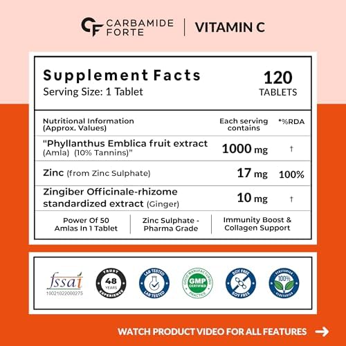 Carbamide Forte Natural Vitamin C Supplements Amla Extract With Zinc For Immunity & Skincare | Vitamin C Tablets - 120 Tablets