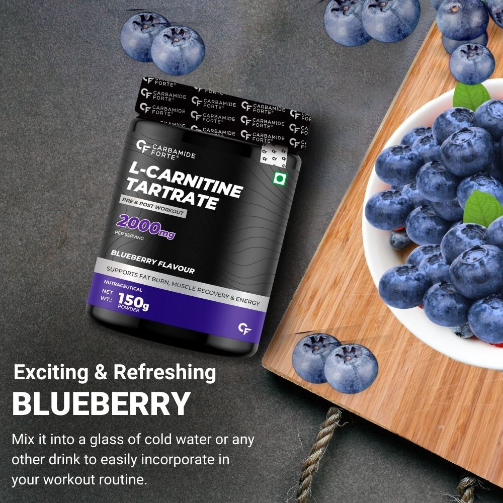 Carbamide Forte L Carnitine Powder for Men & Women | L-Carnitine L Tartrate 2000mg Supplement For Women & Men | L Carnitine Powder Pre Workout, Intra Workout & Post Workout Supplement | L Carnitine Supplement Blueberry Flavour - 150g