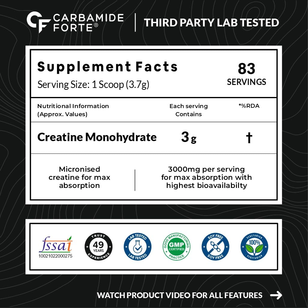 Carbamide Forte Creatine Mono hydrate Powder | Micronized Creatine Monohydrate 308gm | Micronized Monohydrate Creatine Supplement for Lean Muscle, Strength & Energy - Orange - 33 Servings - 308g