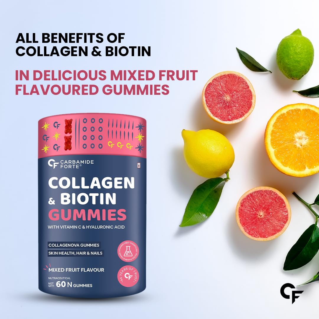 Carbamide Forte Collagen Supplements for Women & Men | Collagen Gummies For Women & Men | Hair Gummies for Women Hair Growth Supplements | Biotin Supplement - Mixed Fruit Flavour - 60 Biotin Gummies