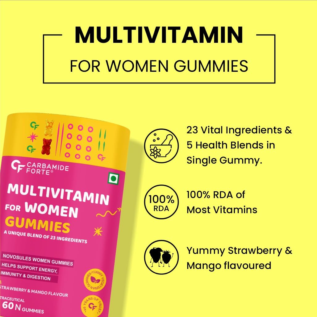 Carbamide Forte Multivitamin Gummies for Women | Multivitamin for Women' s Hair, Skin & Nails, with Biotin & Antioxidants for Immunity & Probiotics for Digestion | 23 Ingredients - 60 Veg Gummies