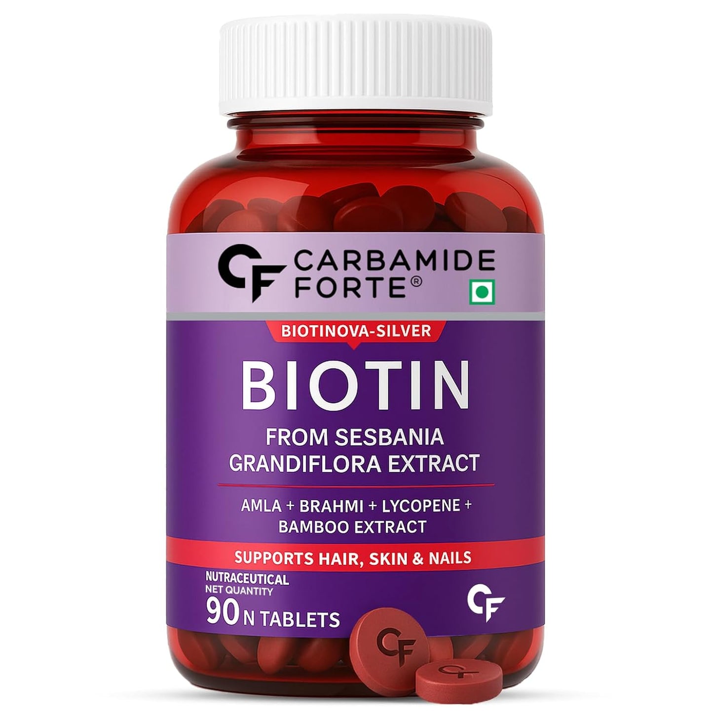 Carbamide Forte Biotin Tablets for Hair Growth with Amla, Brahmi & Bamboo Extract | Hair Growth Tablet | Hair Vitamins | Hair Supplements for Women & Men - 90 Veg Tablet