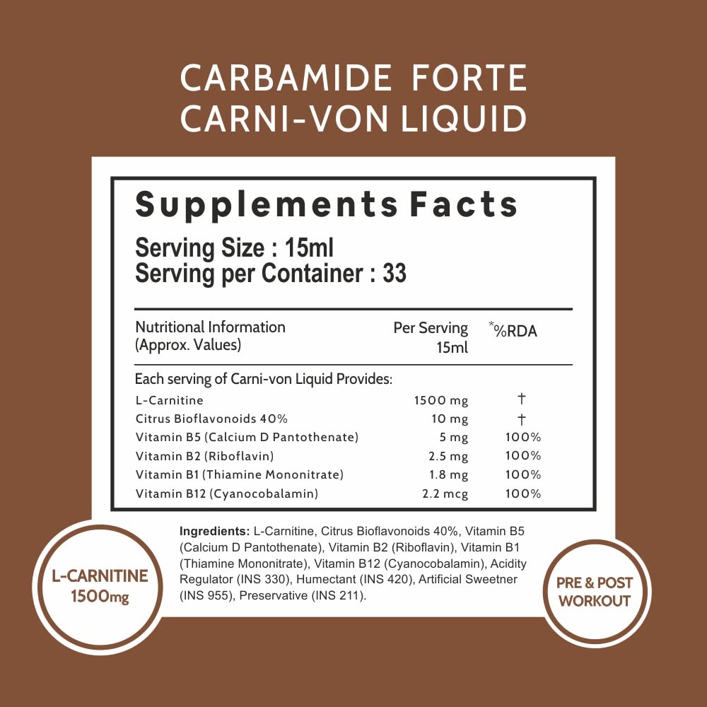 Carbamide Forte L-Carnitine Concentrated Liquid with 1500mg Per Serving | Pre & Post Workout Supplement - 33 Servings -500ml