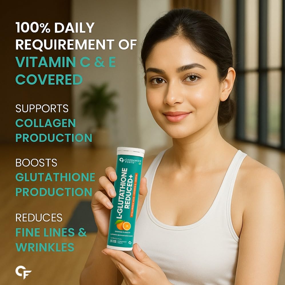 Carbamide Forte Japanese Reduced L Glutathione Effervescent Tablet 600mg for Skin Health|L Glutathione Effervescent Tablet with Vitamin C Hyaluronic Acid, Vitamin E,& Biotin, 1 count, 15 capsules