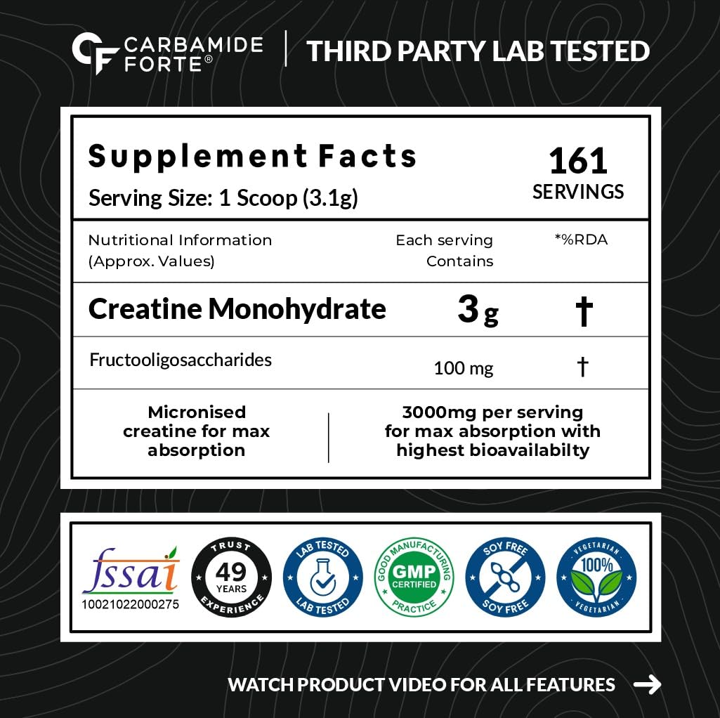 Carbamide Forte Creatine Mono hydrate Powder | Micronized Monohydrate Creatine 500gm | Micronized Monohydrate Supplement for Lean Muscle, Strength & Energy - Unflavoured - 161 Servings - 500g