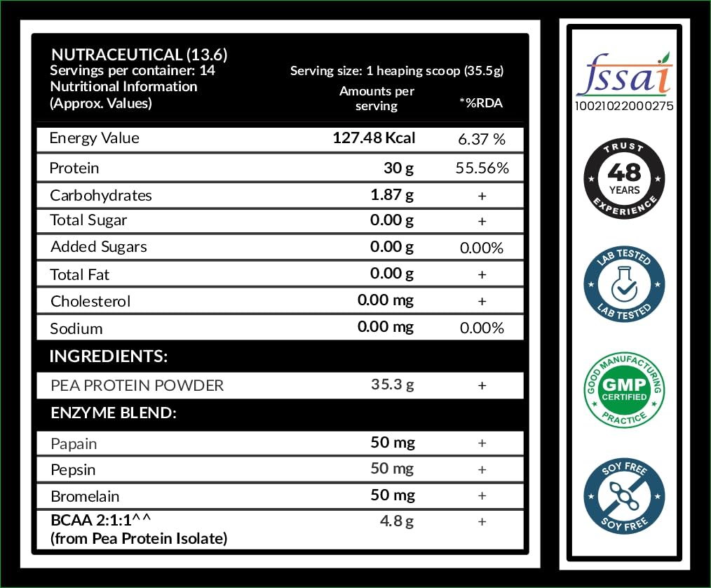 Carbamide Forte Pea Protein Isolate 30g per serving | Plant based Protein Powder Isolate with 4.8g BCAA | 100% Pure Unflavoured Plant Pea Protein Powder - 500g