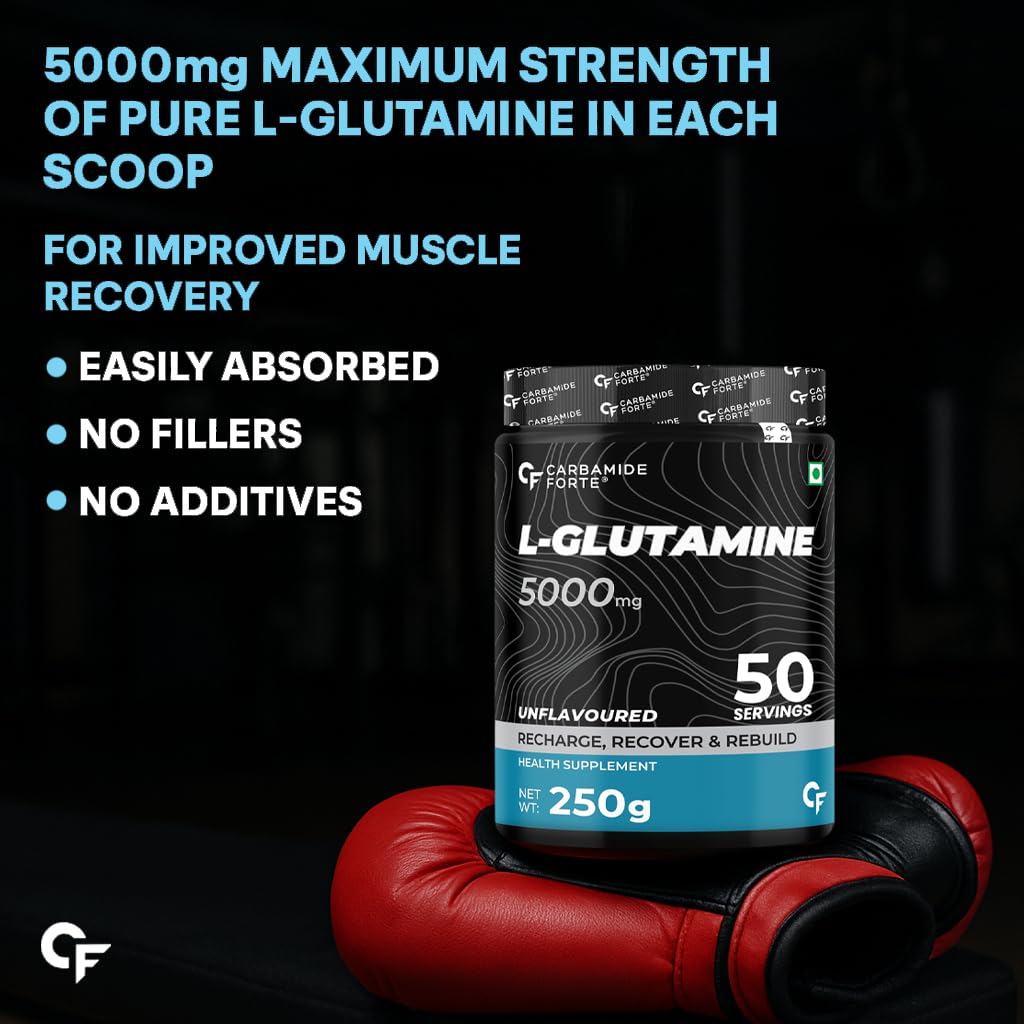 Carbamide Forte L Glutamine Powder 5000mg | L Glutamine Supplement for Men | Post Workout Muscle Recovery Supplements for Men - Unflavoured - 250 grams