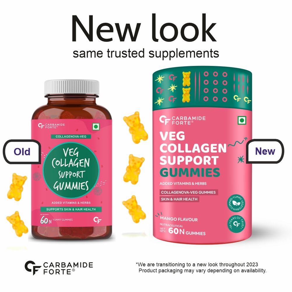 Carbamide Forte Veg Collagen Support Gummies, 60 Gummies | Collagen Supplements for Women & Men for Skin & Hair - Mango Flavour, 250 Grams, 60 Servings