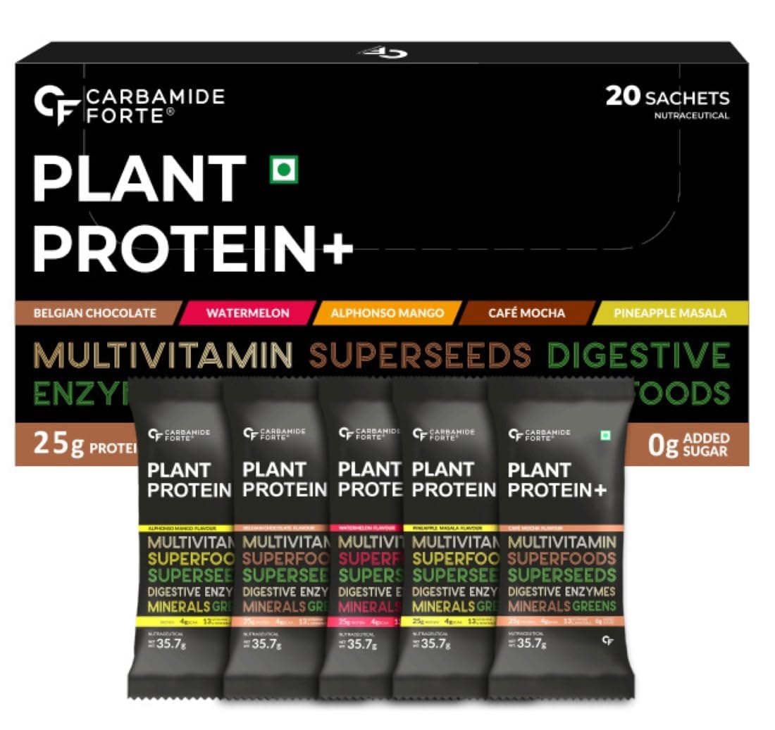 Carbamide Forte Plant Protein Powder - Plant Based Protein Powder with Multivitamin, Minerals, Superfoods, Pea Protein Powder, Digestive Enzymes | 5 Flavors Plant Protein Powder For Men - Pack Of 20