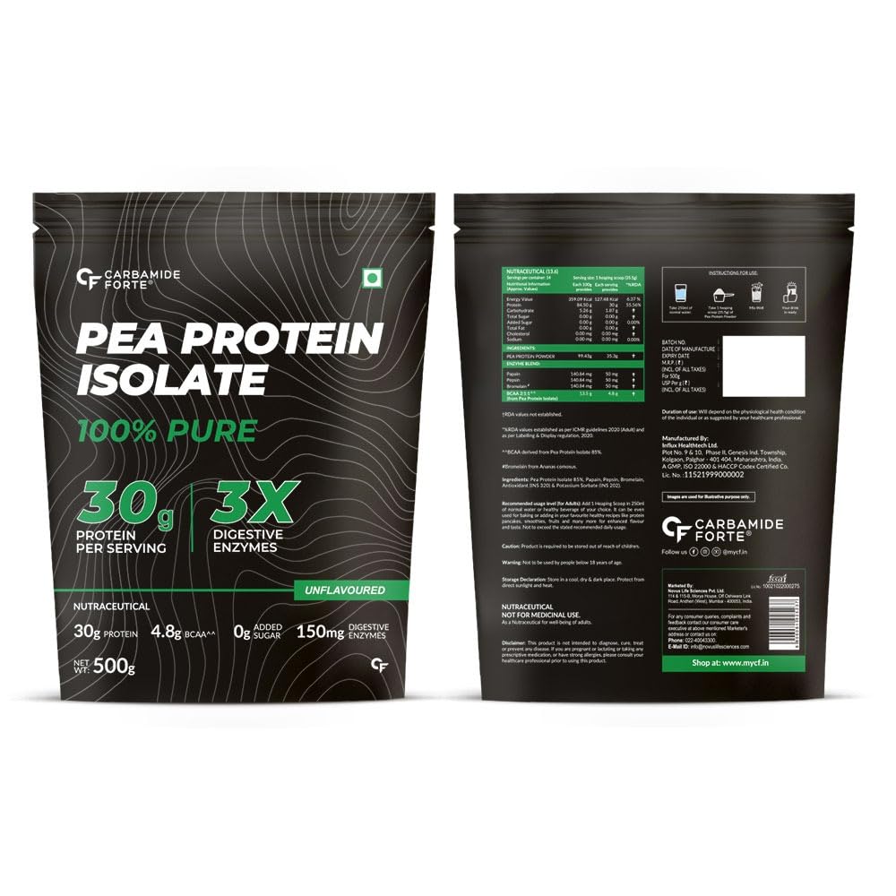 Carbamide Forte Pea Protein Isolate 30g per serving | Plant based Protein Powder Isolate with 4.8g BCAA | 100% Pure Unflavoured Plant Pea Protein Powder - 500g