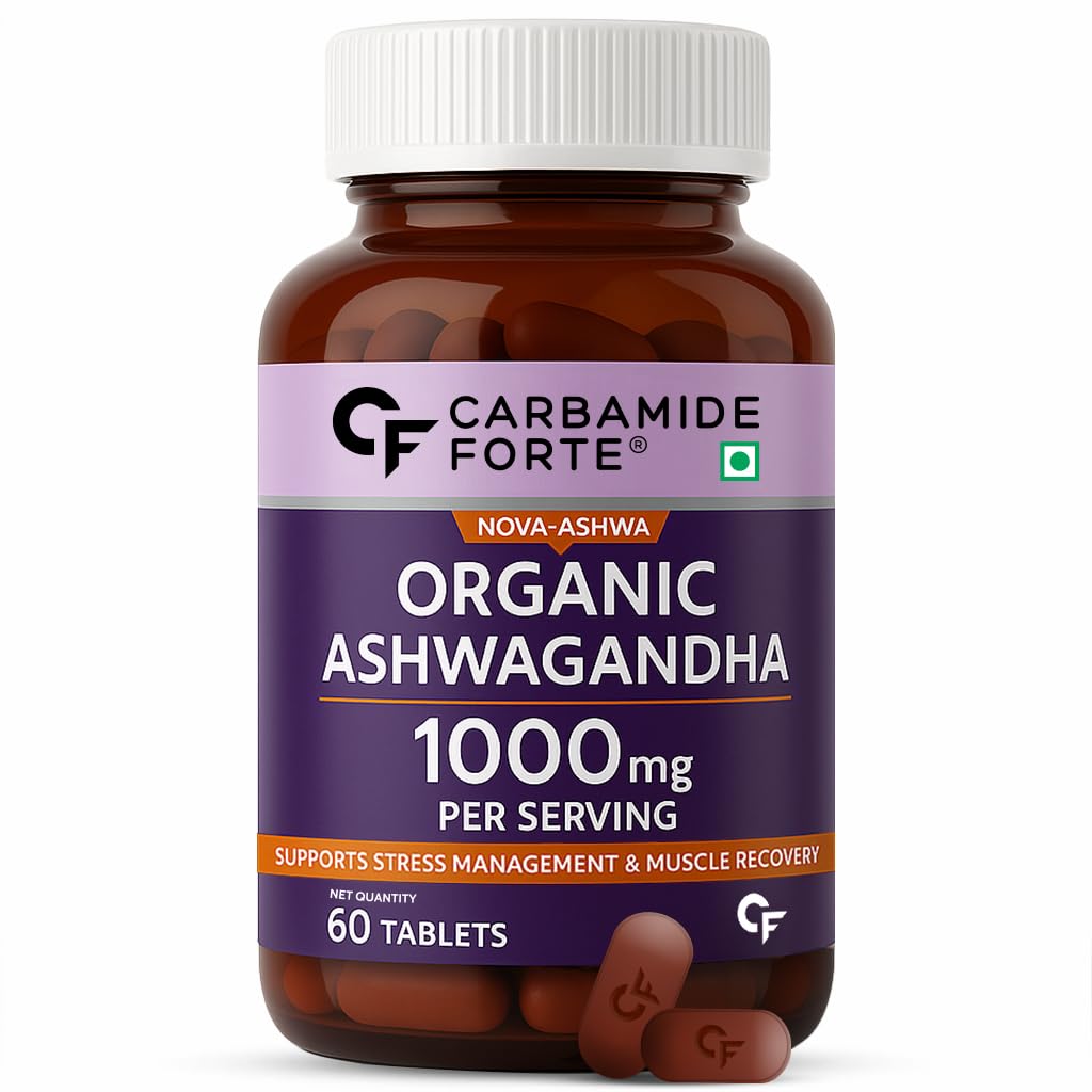 Carbamide Forte Organic Ashwagandha 1000mg Tablets|Stress & Anxiety Relief Tablets |Ashwagandha Powder tablet 1000 mg|Rejuvenates Mind & Body - 60 Organic Ashwagandha Tablets, 1 count, 60 tablets