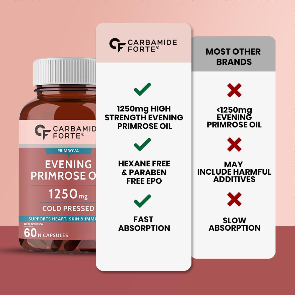 Carbamide Forte Evening Primrose Oil Capsules 1250mg For Women | 100% Pure & Cold Pressed Primrose Oil Capsules | Primosa 1250mg May Support Immunity Boost & Skin Health | Support Hormonal Balance | Hexane & Paraben Free | 60 PrimroseOil Capsule