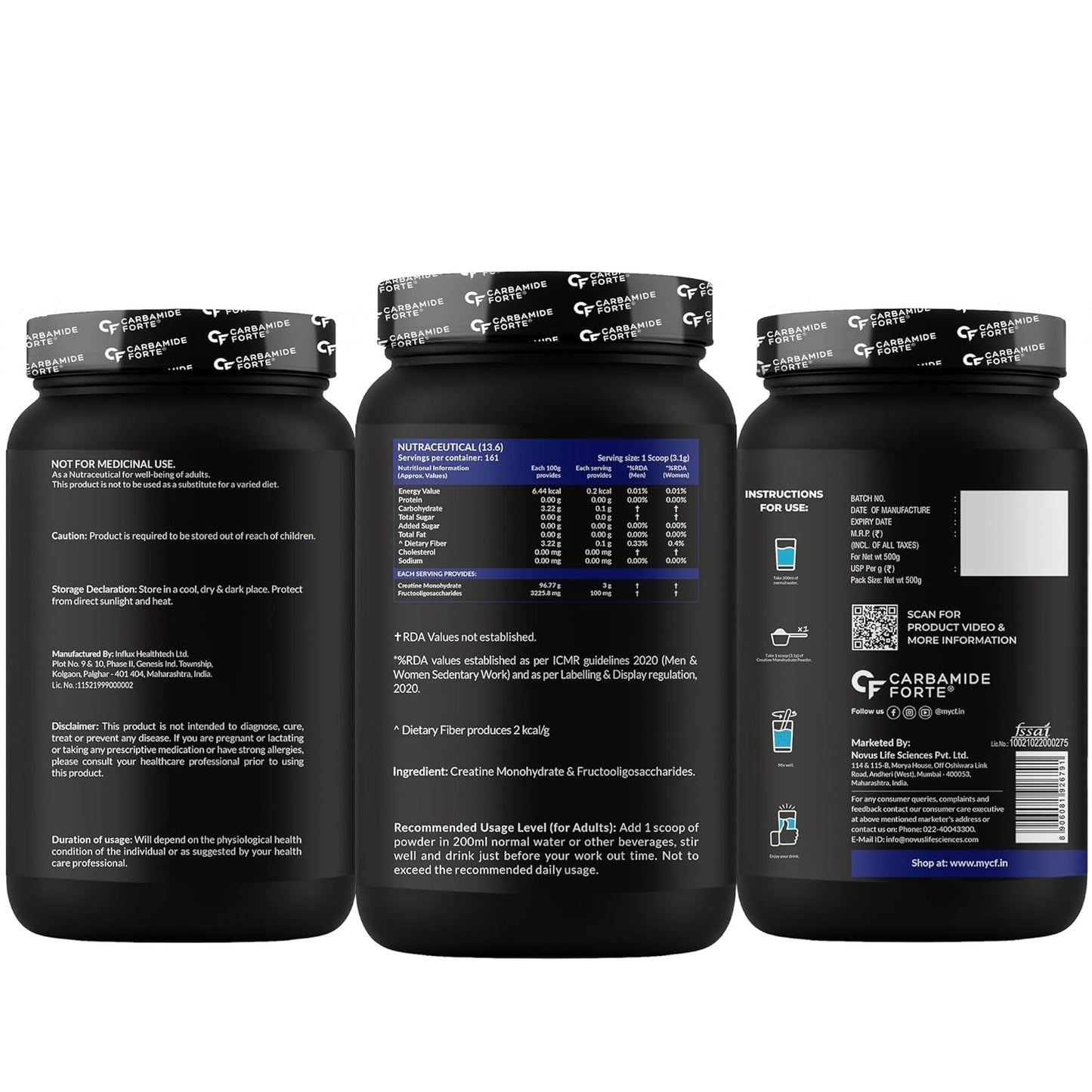 Carbamide Forte Creatine Mono hydrate Powder | Micronized Monohydrate Creatine 500gm | Micronized Monohydrate Supplement for Lean Muscle, Strength & Energy - Unflavoured - 161 Servings - 500g