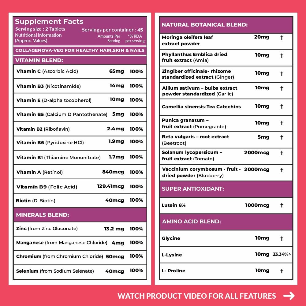 Carbamide Forte 100% Veg Collagen Supplements For Skin & Hair | Plant Based Collagen Tablet For Women & Men | Veg Supplement That May Support Youthful & Radiant Skin Tone | Vegetarian Tablet For Women & Men
