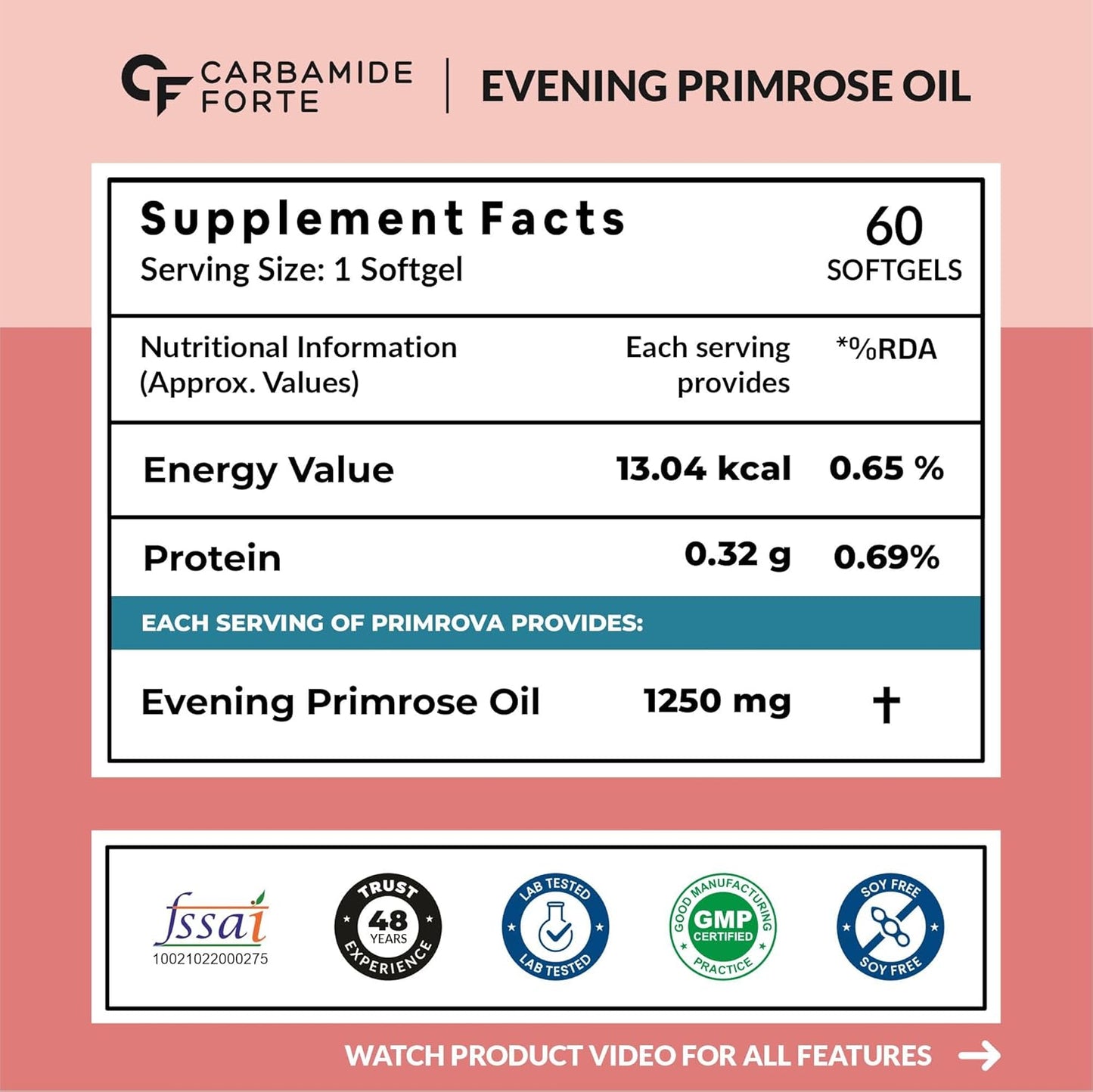 Carbamide Forte Evening Primrose Oil Capsules 1250mg For Women | 100% Pure & Cold Pressed Primrose Oil Capsules | Primosa 1250mg May Support Immunity Boost & Skin Health | Support Hormonal Balance | Hexane & Paraben Free | 60 PrimroseOil Capsule