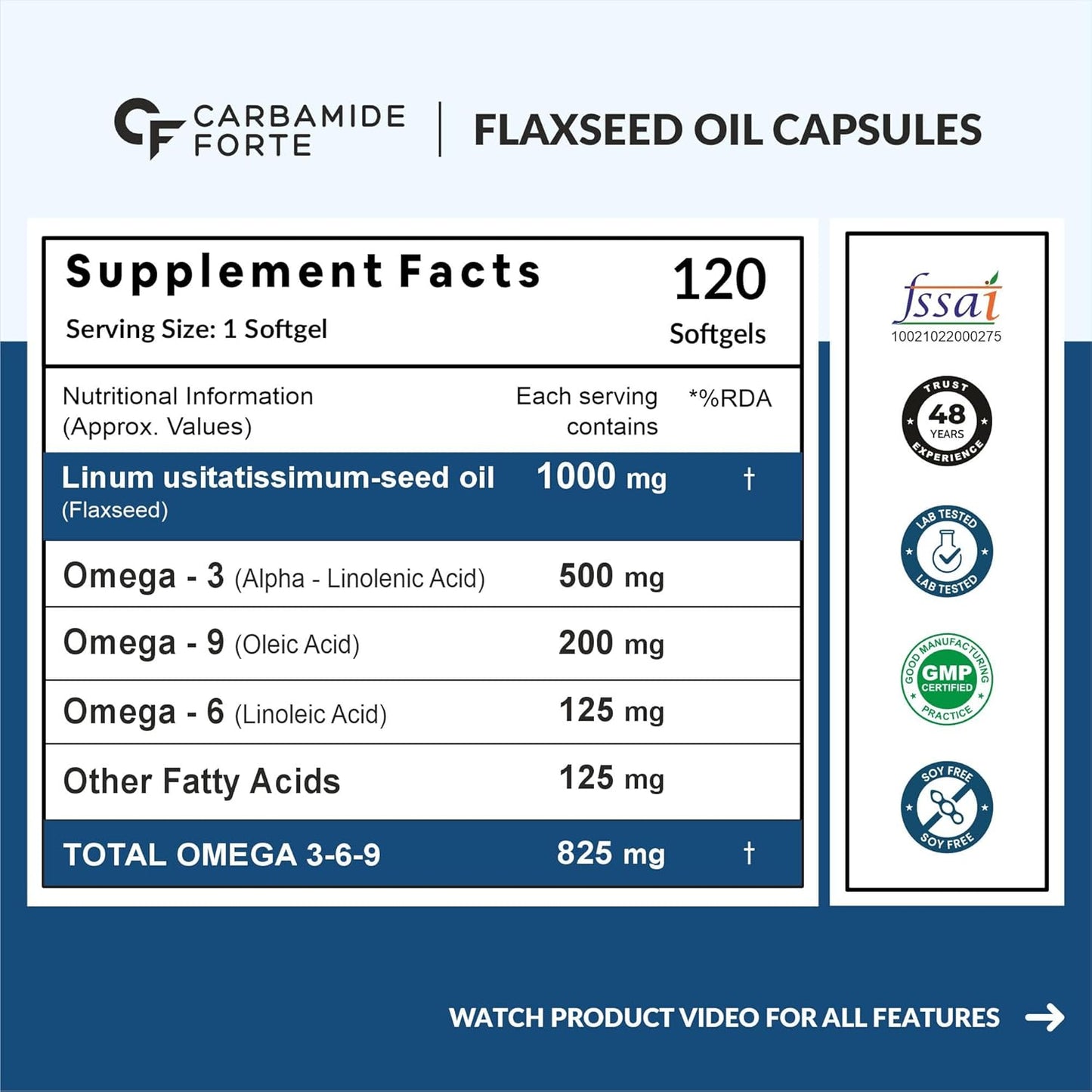 Carbamide Forte Cold Pressed Flaxseed Oil Omega 3 6 9 Capsules (1000mg) for Men and Women | Omega 3 Supplement | Omega 369 | Flaxseed Oil Omega3 Capsule | Omega Fatty Acid - 120 Capsules