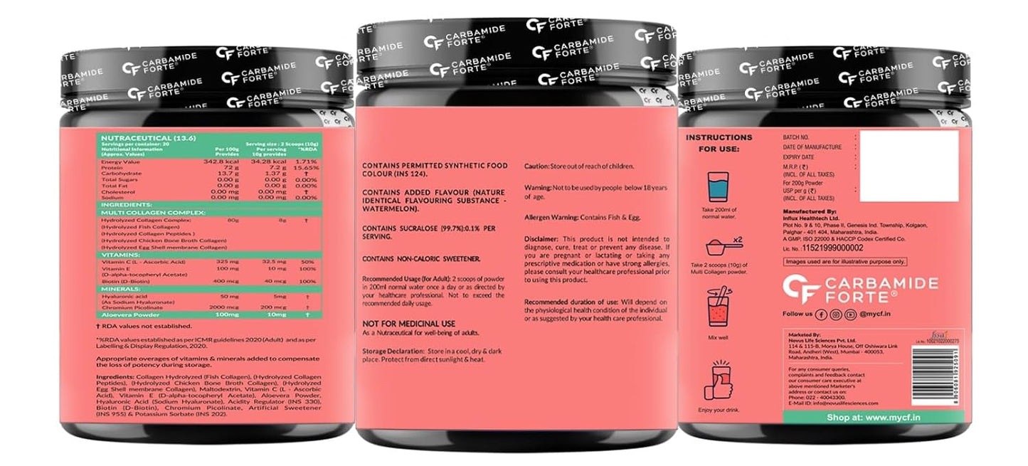 Carbamide Forte Hydrolyzed Multi Collagen Powder With Marine Collagen, All 5 Types of Collagen Peptides Included - TYPE I, II, III, V, X Collagen Supplements for Women & Men, Watermelon Flavor - 200g