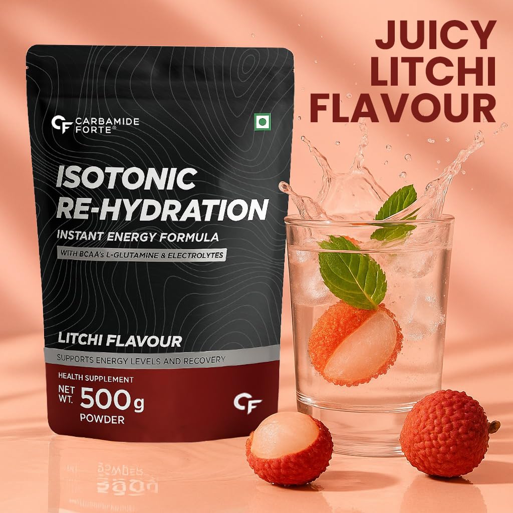 Carbamide Forte Isotonic Powder | Pre Workout Supplement For Men And Women| Instant Energy Drink for PreWorkout | Electrolytes Powder with added BCAA & L Glutamine - Litchi Flavour - 500g (Pack of 1)