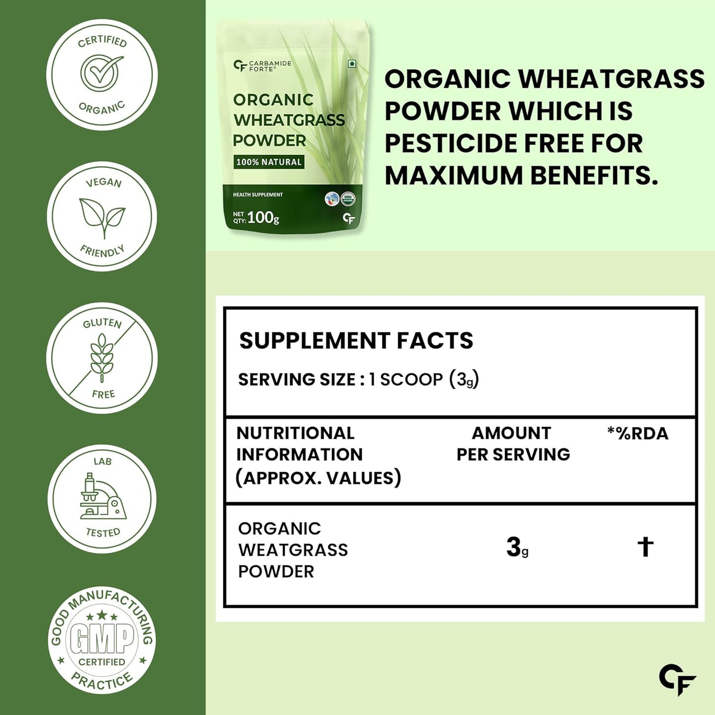 Carbamide Forte 100% Natural Organic Wheatgrass Powder | Wheat Grass Powder | Organic Wheatgrass Juice | Wheat Grass Juice - 100g