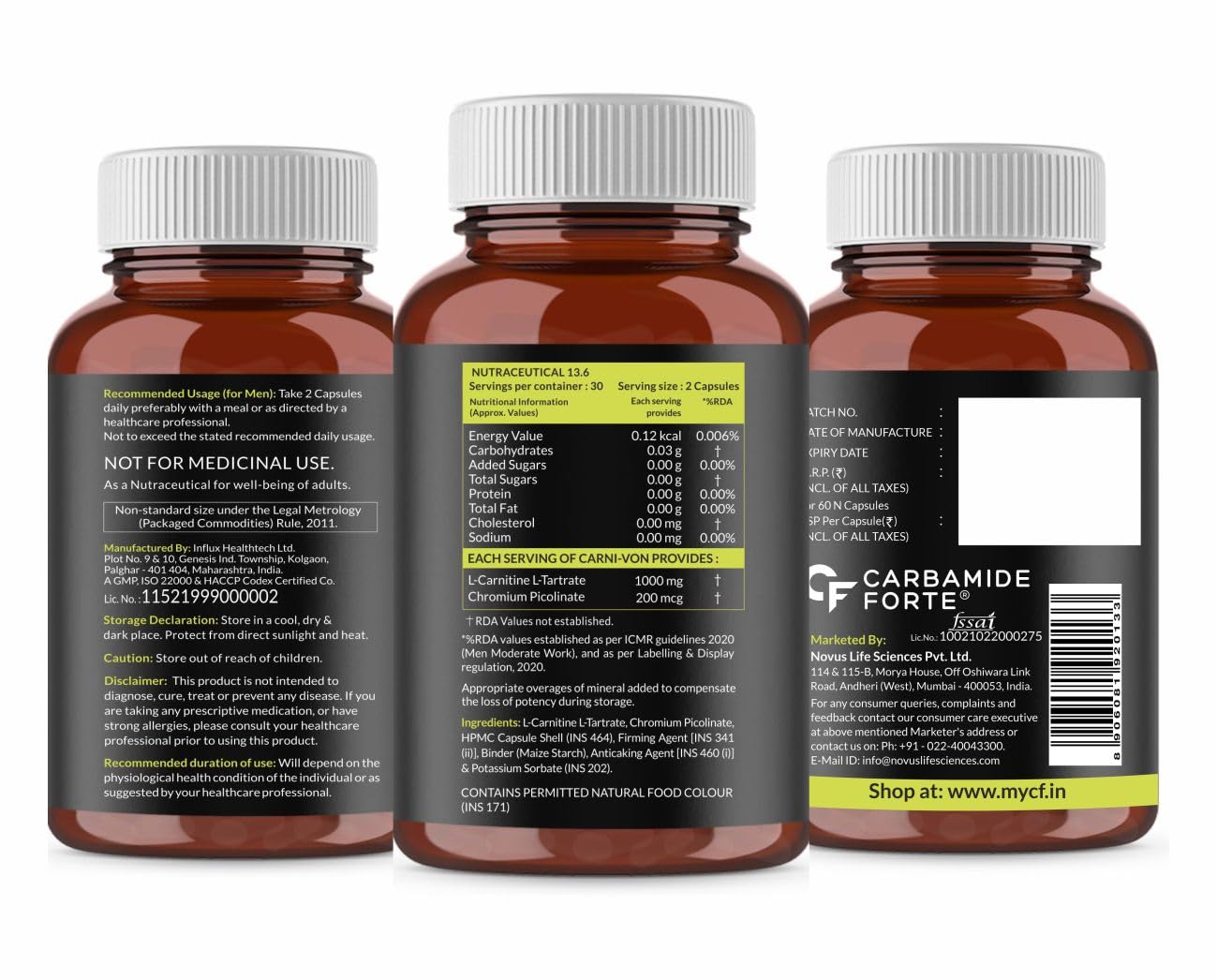 CF Carbamide Forte L Carnitine Supplement 1000mg Capsules for Men & Women | Pre Workout Supplement -Veg Capsules 60 Count