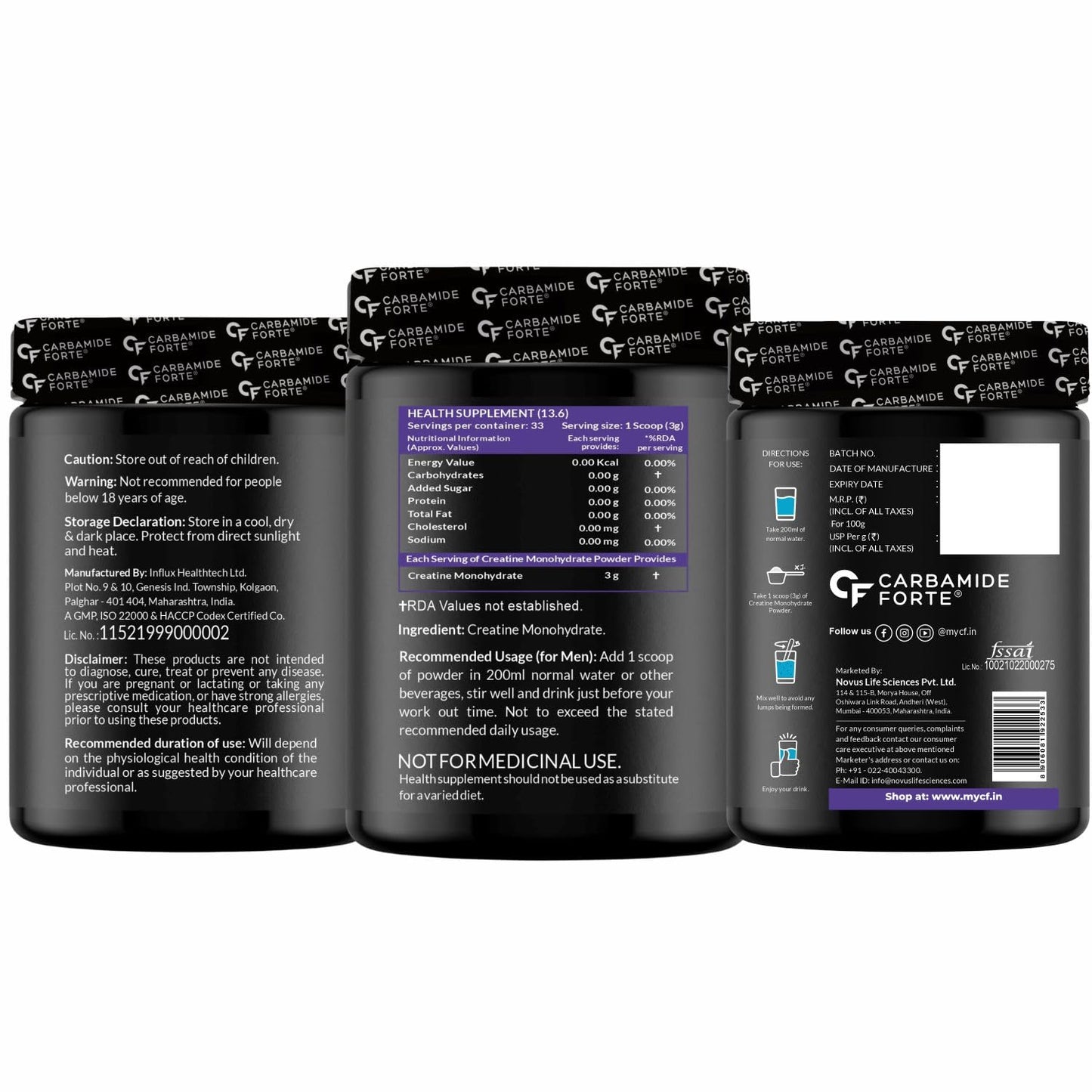 Carbamide Forte Micronized Creatine Monohydrate 100gm Supplement Powder | Monohydrate Creatine Powder for Lean Muscle Volumization, Strength & Energy - Unflavoured - 33 Servings - 100g