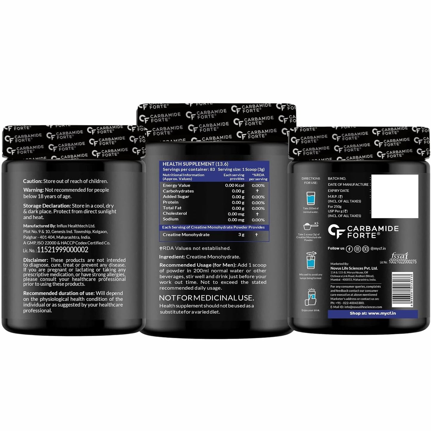 Carbamide Forte Monohydrate Creatine Powder | Micronized Monohydrate 250gm | Creatine Supplement for Lean Muscle Volumization, Strength & Energy - Unflavoured - 83 Servings - 250g