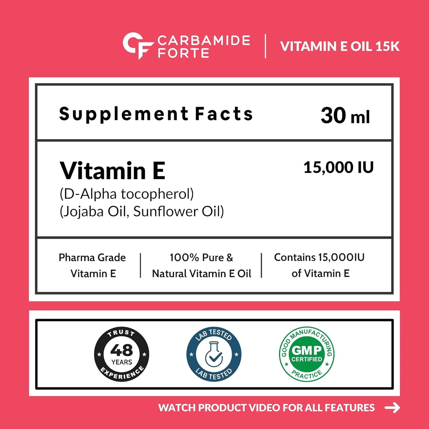Carbamide Forte Vitamin E Oil For Face & Hair | Vitamin E Oil 15000 IU - Pharma Grade & Tested for Purity - 30ml