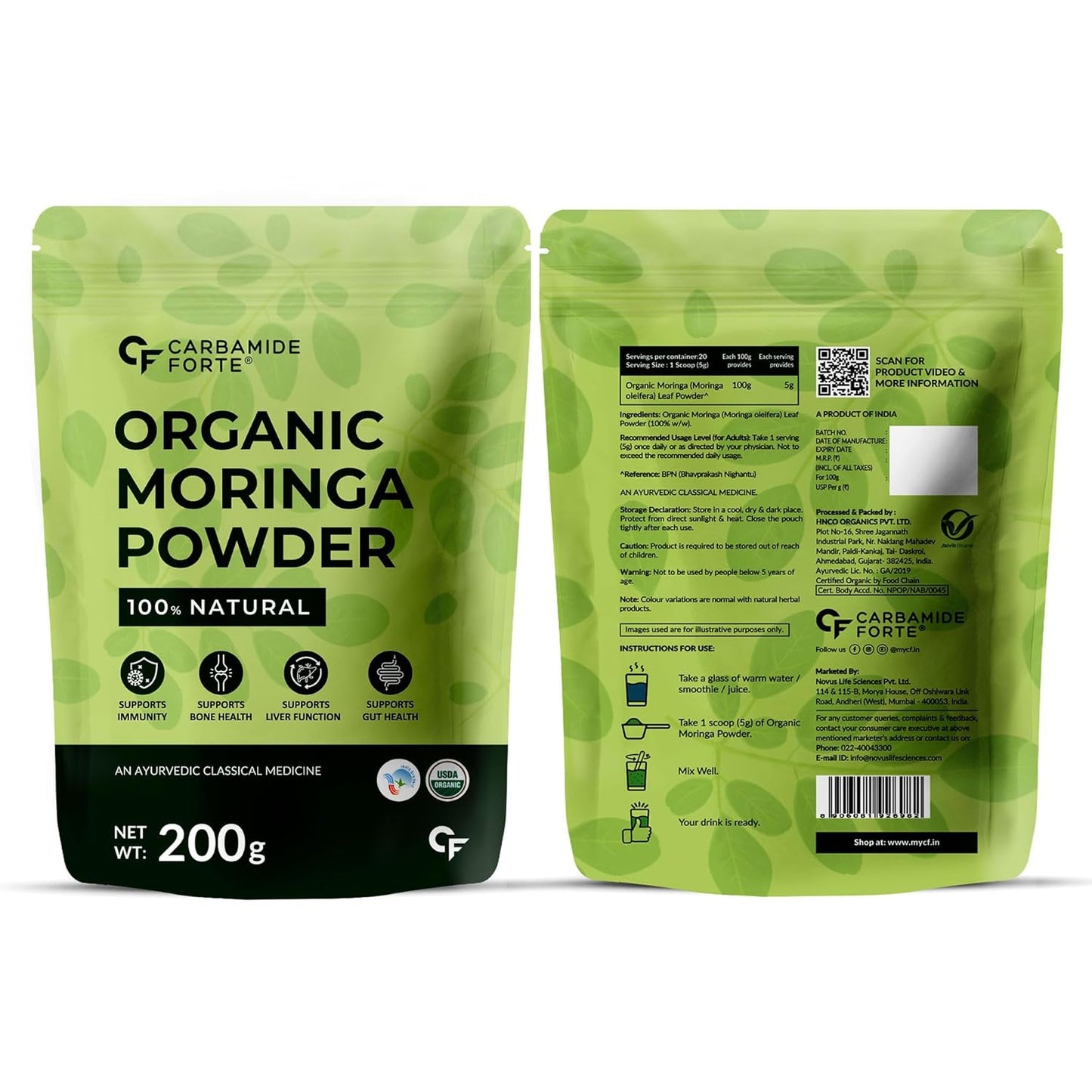 Carbamide Forte 100% Organic Moringa Powder - Moringa Oleifera - USDA Certified | Moringa Leaves Powder | Moringa Powder Organic for Immunity, Digestion & Energy | Drumstick Leaves Powder - 200g