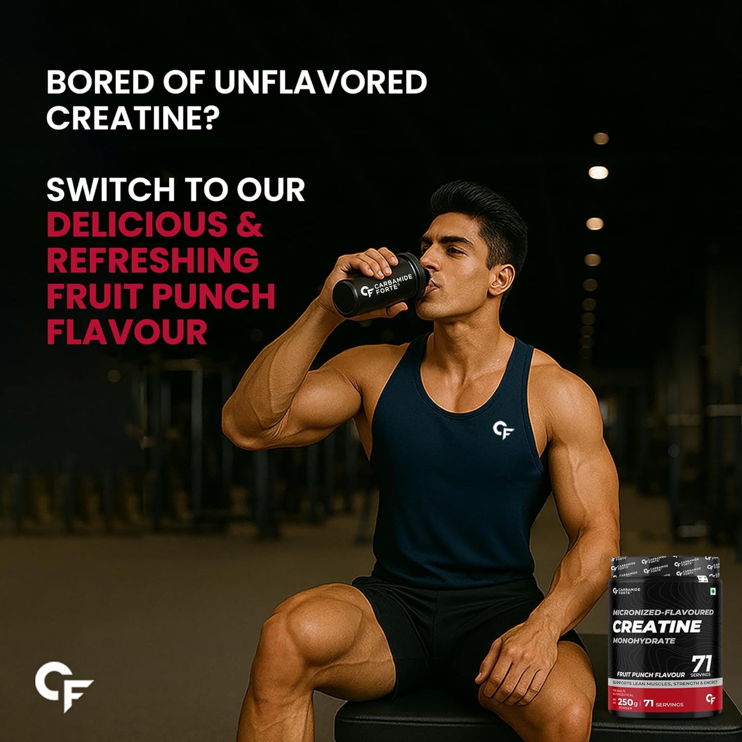 Carbamide Forte Creatine Mono hydrate Powder | Micronized Monohydrate Creatine 103gm | Micronized Monohydrate Supplement for Lean Muscle, Strength & Energy - Fruti Punch- 71 Servings - 250g