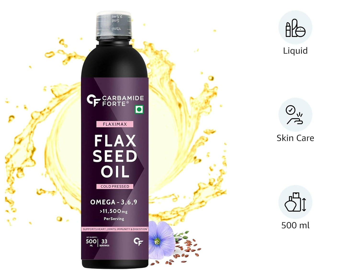 Carbamide Forte Cold Pressed Flaxseed Oil 500ml with 11500mg Omega 3 6 9 per Serving for Eating, Skin & Hair Growth - Vegetarian Oil
