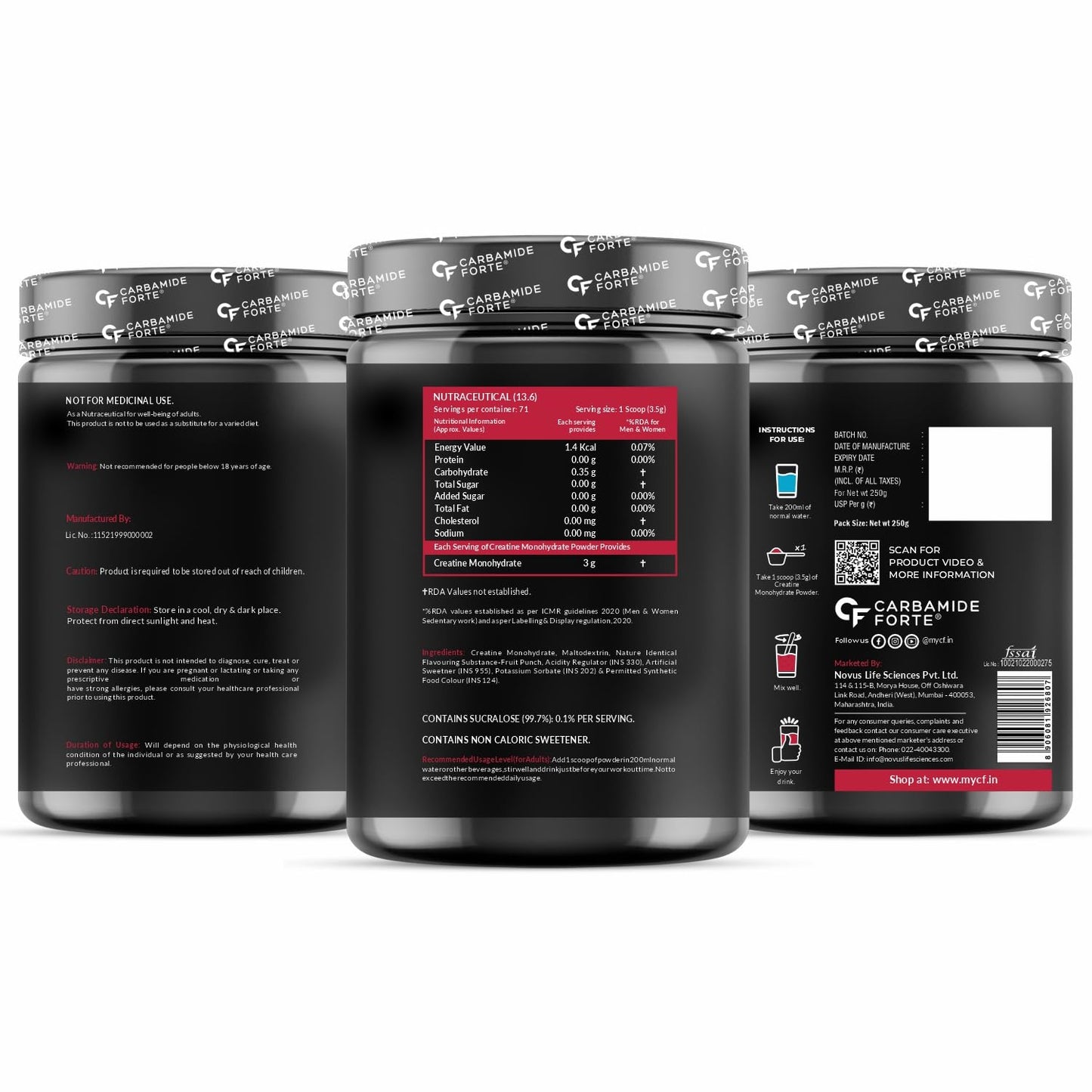 Carbamide Forte Creatine Mono hydrate Powder | Micronized Monohydrate Creatine 103gm | Micronized Monohydrate Supplement for Lean Muscle, Strength & Energy - Fruti Punch- 71 Servings - 250g
