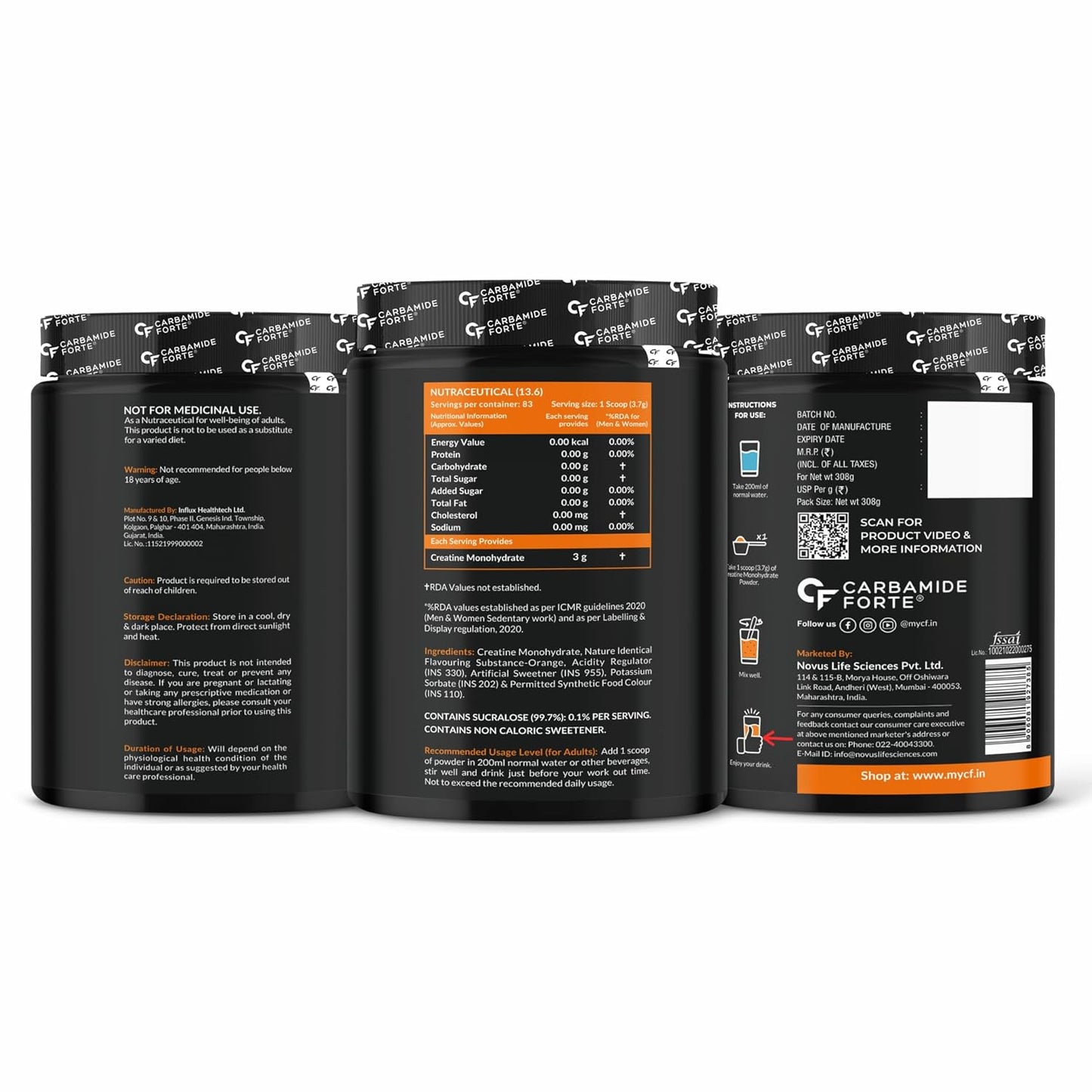 Carbamide Forte Creatine Mono hydrate Powder | Micronized Creatine Monohydrate 308gm | Micronized Monohydrate Creatine Supplement for Lean Muscle, Strength & Energy - Orange - 33 Servings - 308g