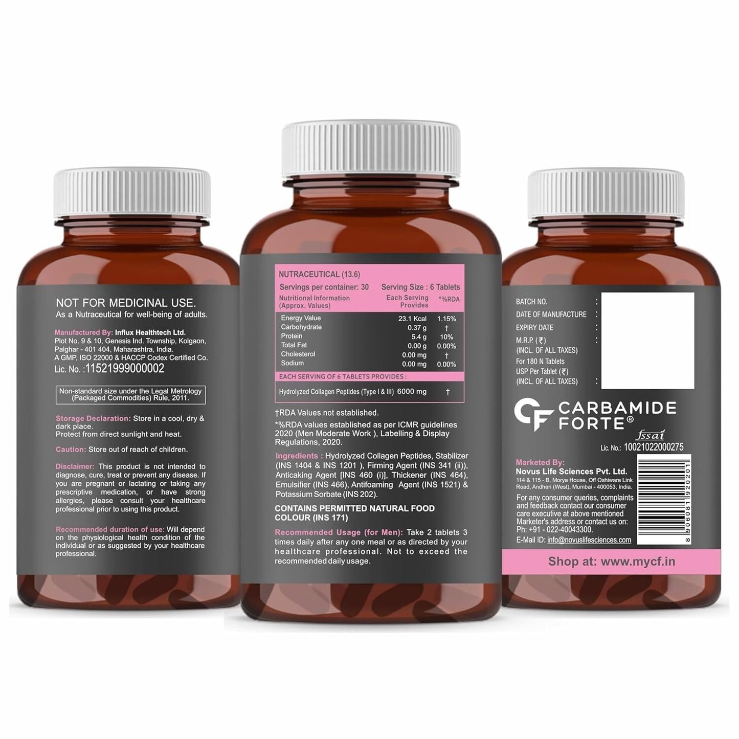 Carbamide Forte Collagen Supplements for Women & Men | Hydrolyzed Collagen Tablets with Type 1 & 3 Supplements for Skin & Hair with Hydrolyzed - 180 Tablets