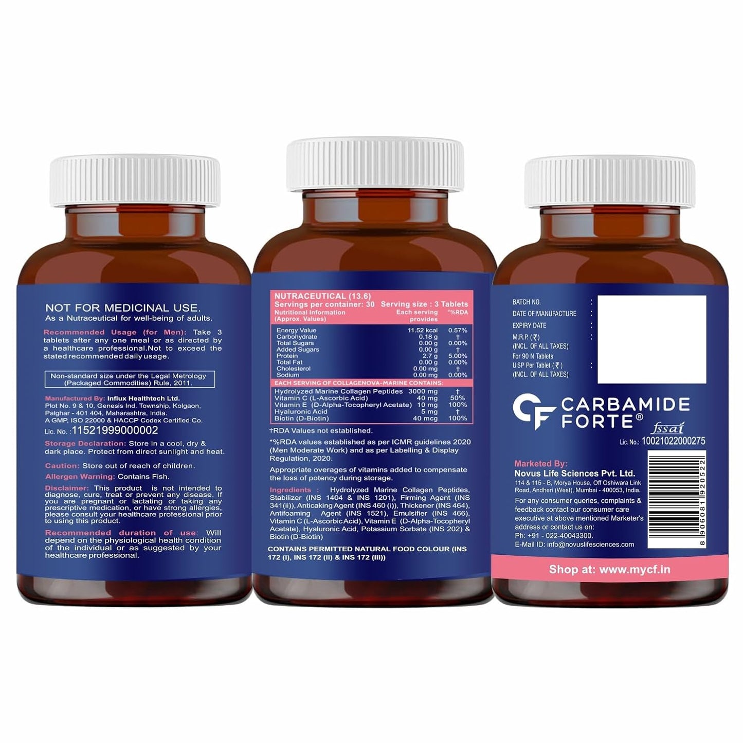 Carbamide Forte Hydrolyzed Marine Collagen Supplements Type 1 For Skin, Hair & Nails For Women & Men | Hydrolyzed Marine Collagen Peptides 3000mg With Hyaluronic Acid, Vitamin C, E & Biotin To Support Youthful Skin & Thicker Hairs | 90 Tablets