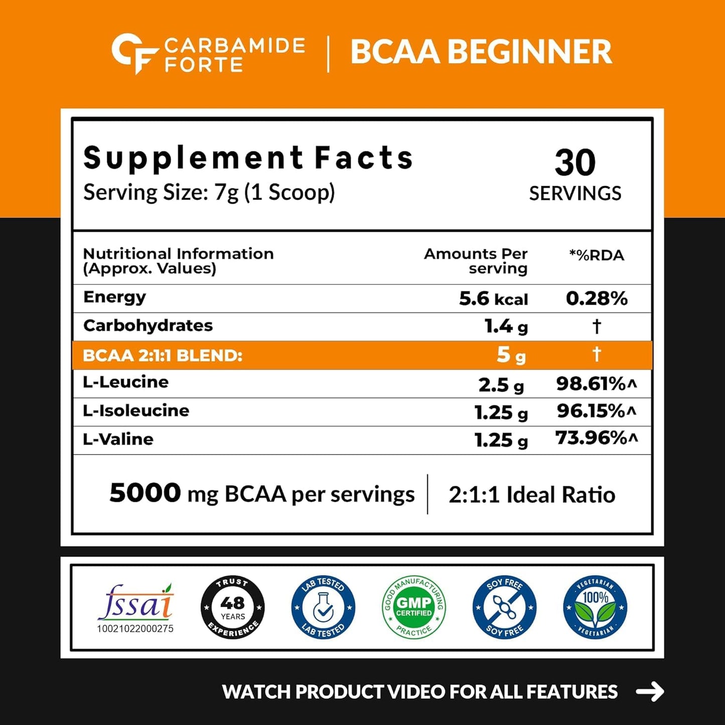 Carbamide Forte BCAA Powder 5000mg | BCAA Supplement For Women & Men Muscle Growth | BCAA Pre Workout & BCAA Intra Workout Supplement For Muscle Recovery | BCAA For Men | BCAA Supplements For Men & Women 7g Serving with Ideal 2:1:1 Ratio