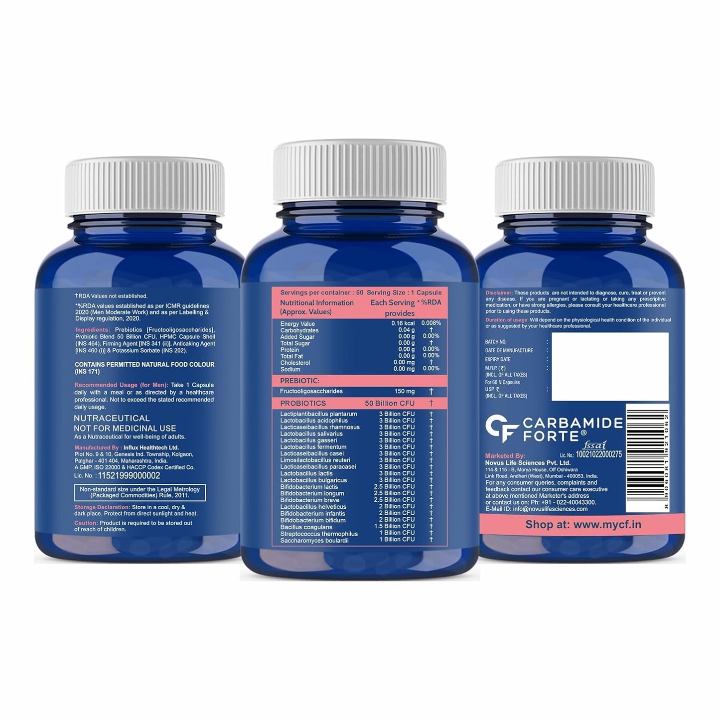 Carbamide Forte Probiotics Supplement 50 Billion CFU Gut Health Supplements with Probiotic | Gut Cleanse with Prebiotics and Probiotics – 60 Capsules
