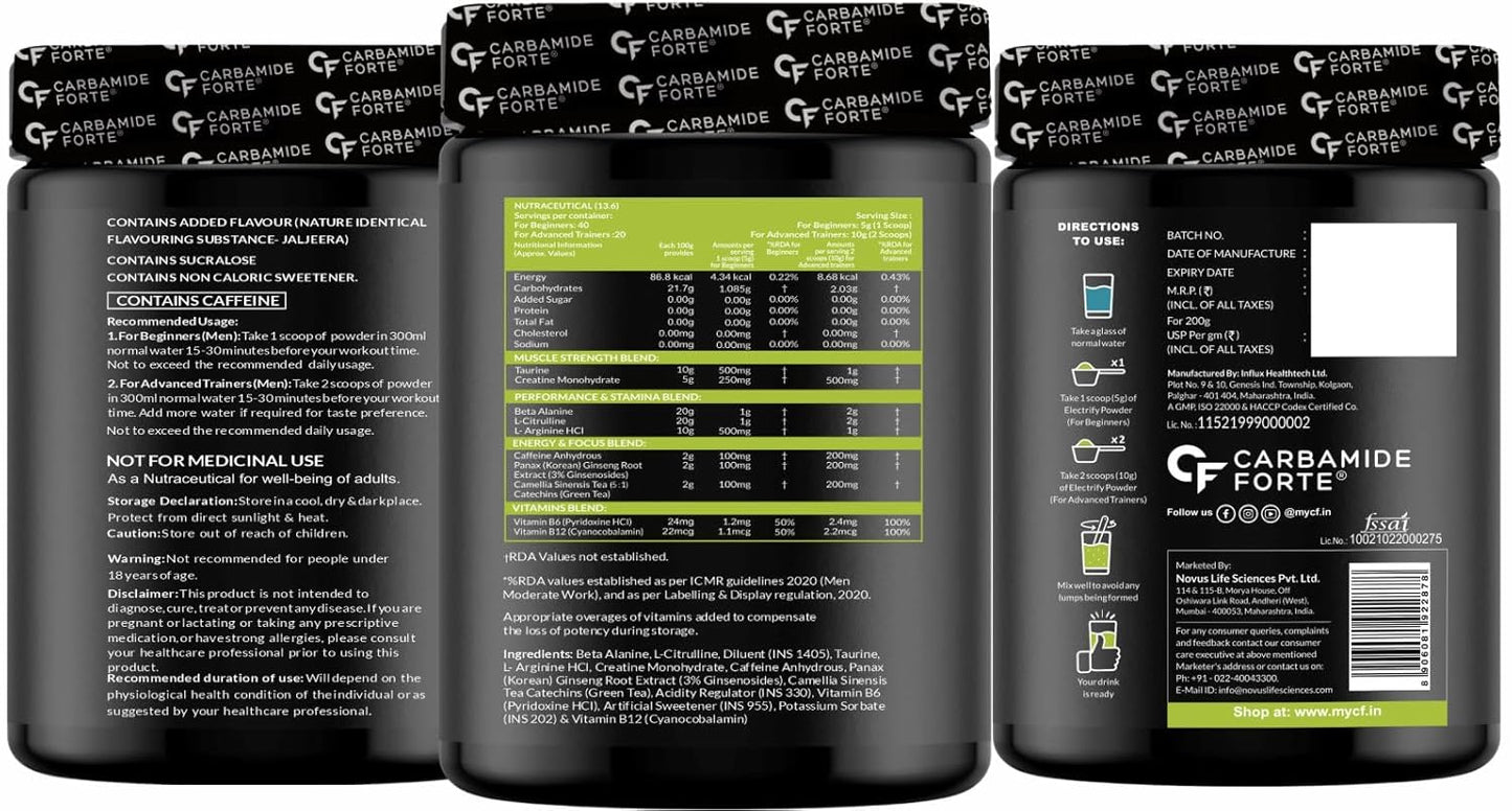 Carbamide Forte Pre Workout for Men & Women | Pre Workout Supplement Powder | Preworkout Supplements For Men For Energy, Focus & Strength | Pre-Workout For Men & Women Jaljeera Flavour | Pre Workout For Women With 40 Servings - 200g