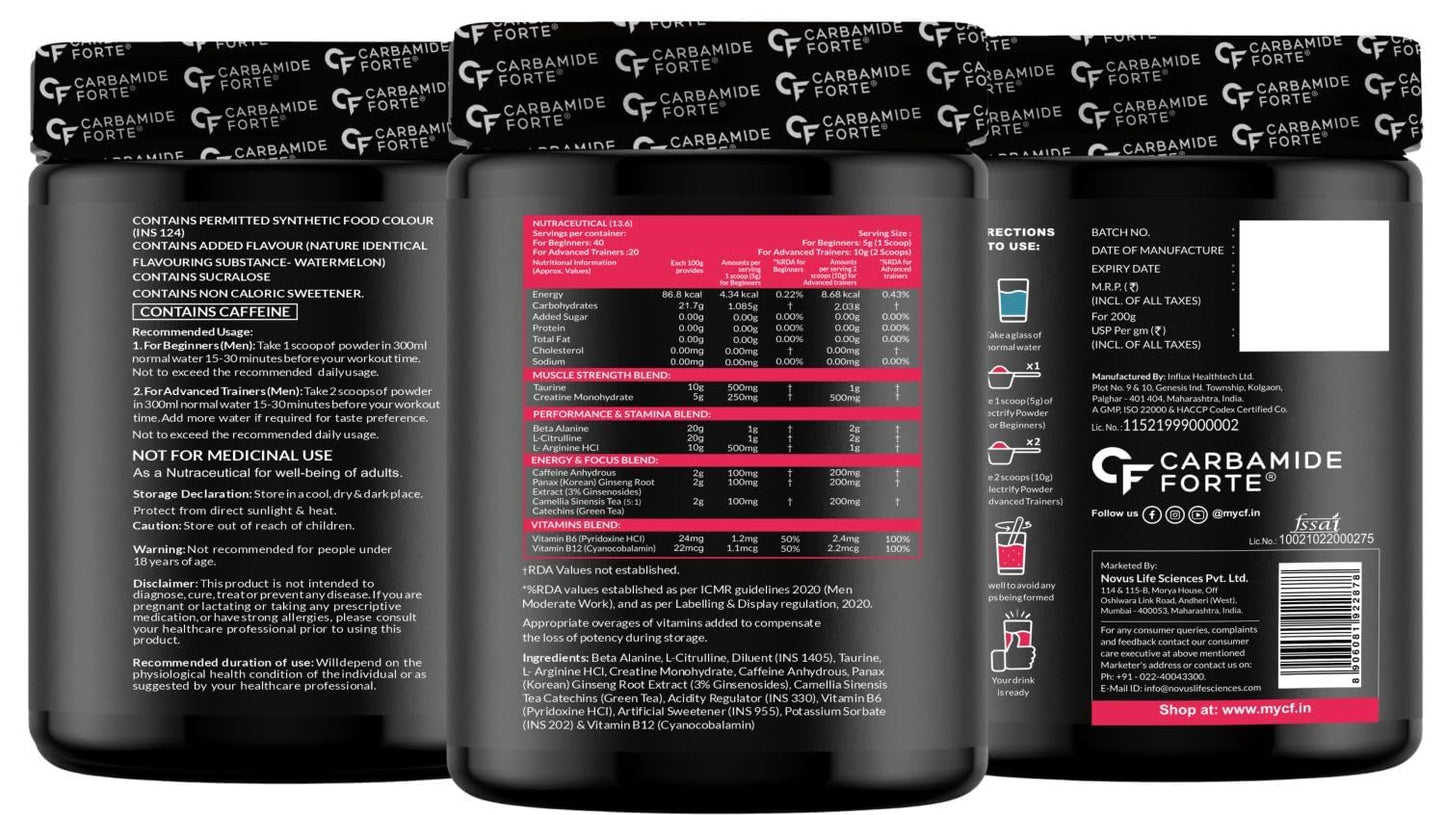 Carbamide Forte Pre Workout Powder | Pre Workout Supplement for Men and Women | Preworkout Supplement with Taurine & Creatine Monohydrate for Energy, Focus & Strength | Watermelon Flavour – 40 Servings - 200g