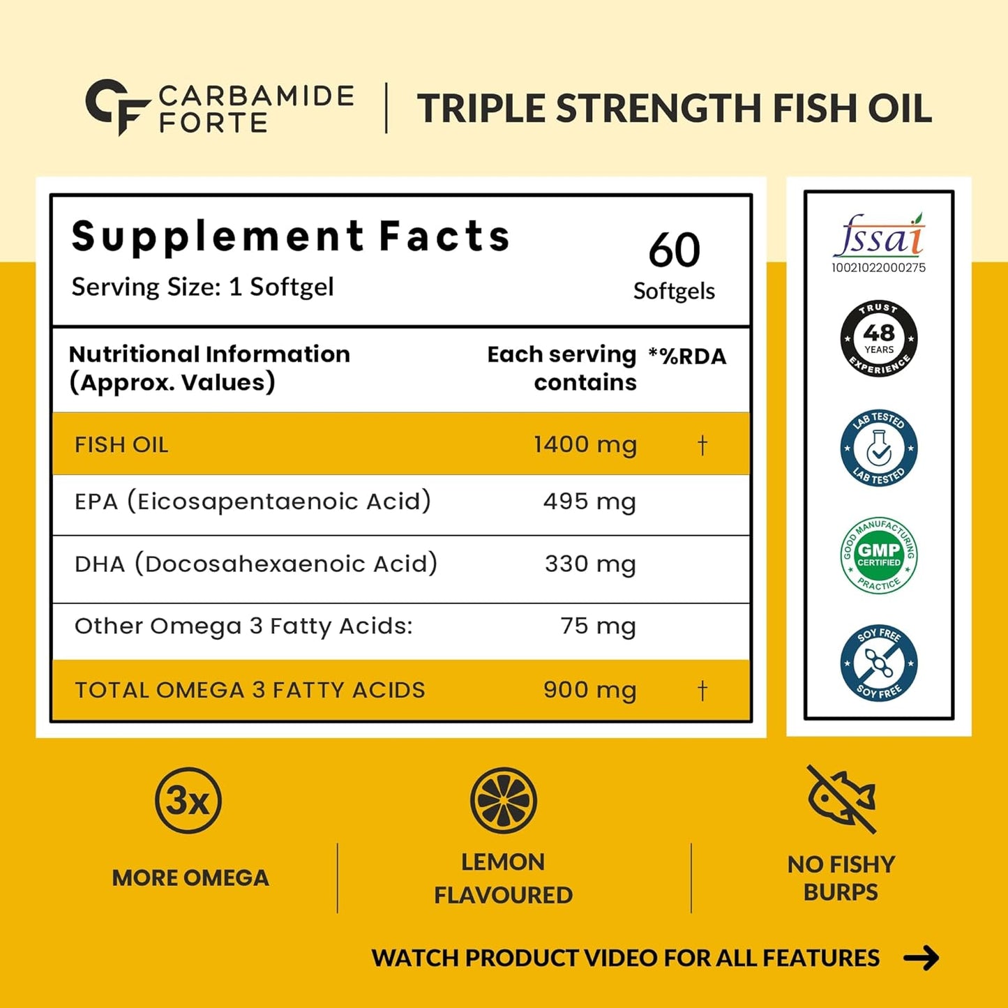 Carbamide Forte Triple Strength Fish Oil 1400mg with Omega 3 900mg for Men & Women -Softgel Capsules 60 Count