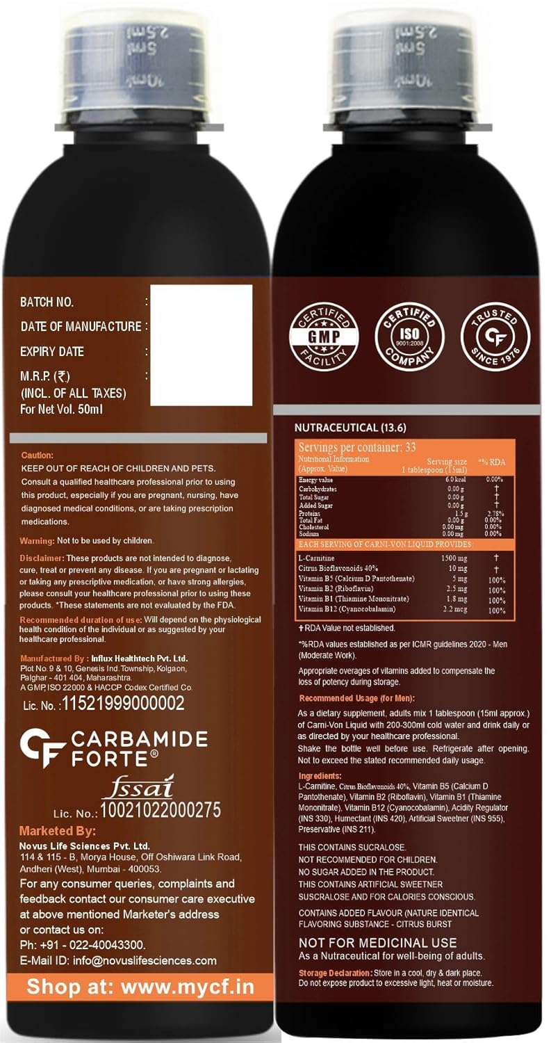 Carbamide Forte L-Carnitine Concentrated Liquid with 1500mg Per Serving | Pre & Post Workout Supplement - 33 Servings -500ml