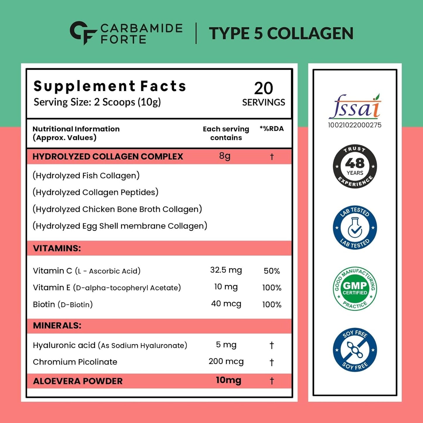Carbamide Forte Hydrolyzed Multi Collagen Powder With Marine Collagen, All 5 Types of Collagen Peptides Included - TYPE I, II, III, V, X Collagen Supplements for Women & Men, Watermelon Flavor - 200g